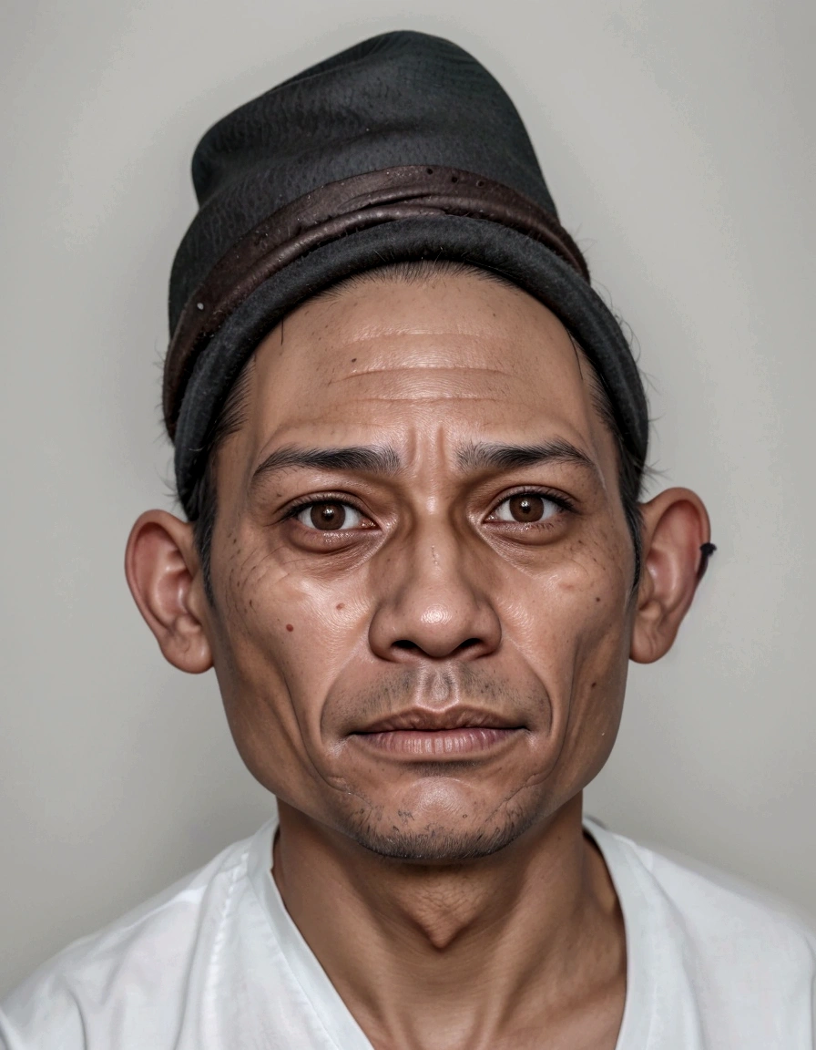 Hat black, only one head single portrait, face picture, real human face, one head portrait, emaciated shaved face, 4 0 years old man, cursed image, scariest looking man alive, real human face with skin, digital art but photo, south east asian with round face, photo-realistic face