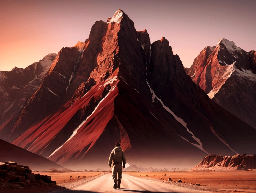 man walking on a deserted road with mountains background super hd realistic