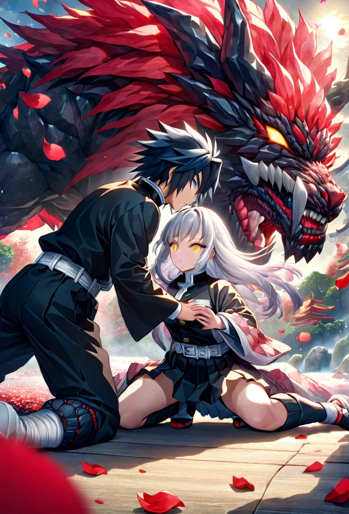 Ultra detailed, high resolution, absurd, HDR, masterpiece, anime girl and boy, beautiful woman with long white hair with deep red streaks, girl with yellow eyes, black demon slayer uniform, Kimetsu No Yaiba, fantasy, petals, red flowers, beautiful, Tomioka Giyu, Water Hashira, Tomioka is training the girl using katanas, sun, daylight, best quality, extremely detailed face, anime, attack position, Tomioka Giyu is teaching the girl fighting, full body, they are in front of each other, both holding katanas