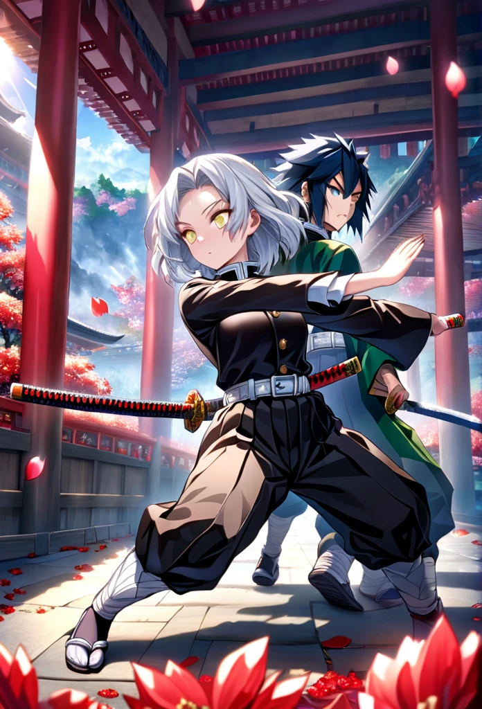 Ultra detailed, high resolution, absurd, HDR, masterpiece, anime girl and boy, beautiful woman with long white hair with deep red streaks, girl with yellow eyes, black demon slayer uniform, Kimetsu No Yaiba, fantasy, petals, red flowers, beautiful, Tomioka Giyu, Water Hashira, Tomioka is training the girl using katanas, sun, daylight, best quality, extremely detailed face, anime, attack position, Tomioka Giyu is teaching the girl fighting, full body, they are in front of each other, both holding katanas