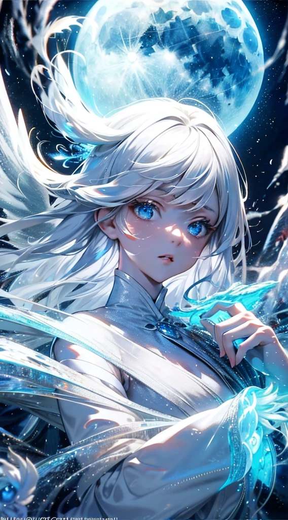 white dragon girl,(Cute Girl),teenage girl,stare,Absolutely beautiful.,exquisite face,white fluorescent tulle,A small white dragon surrounded him.,white flame particle effect,Dragon Feather Decorated with white feathers.,((Cute face)),glowing scales,Focus on the face,Detailed background,white dragon background,splash of color,Masterpiece,soft,angel,angelอากาศกระพือ,Surreal and realistic,Popular CG renderings,Highest picture quality,crystal,big moon moonlight background,Moisturized lips,8K