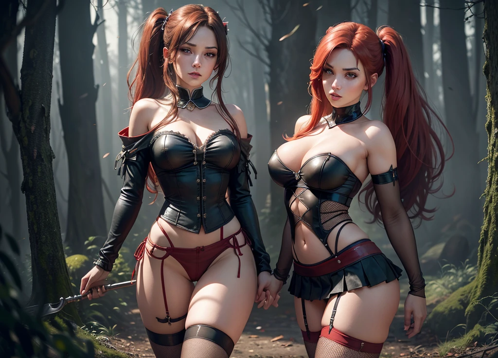 (damsel in distress)(multiple subjects, extreme complexity)(subject 1: a young woman ,belledel, torn red miniskirt, red fishnet top (damaged), red fishnet thigh high stockings (damaged), no underwear, no corset, no shirt, twin pigtails with red high lights) running terrified through a dark haunted forest, cinematic lighting, dramatic scene, detailed facial features, beautiful eyes, photorealistic, dark fantasy, (best quality,8k,highres,masterpiece:1.2),ultra-detailed,(realistic,photorealistic,photo-realistic:1.37),dramatic lighting,moody atmosphere,detailed textures,haunting,cinematic