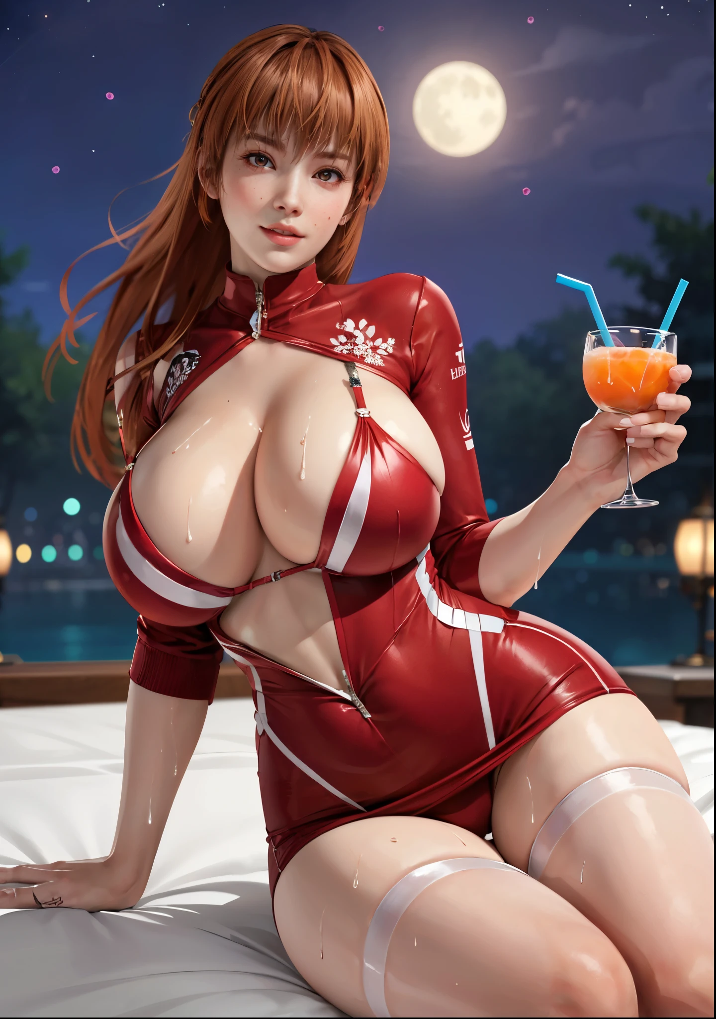 (tmasterpiece), (Best quality at best), (A high resolution), (Beautiful eyes and face), (perfect women figure), realist, Glowing and radiant skin, Extremely detailed eyes and face, (highdetailskin:1.2), (beautidful eyes:1.2), SFW, (Huge cleavage:1 4,), 
1 busty girl, only, navel, upper legs, Eternal, arms greeting audience, The gap between the thighs, ((The face is red)), They're smiling, close your mouth, Open lips, looking at viewert, kasumi  , perspired, drops of sweat, pullover, wet, Elongated, long whitr hair, Loose hair, Mini 比基尼 on top of bed, is a perfect face, cosmetics, perfect  eyes, tmasterpiece, Open lips, The face is red, Glowing and radiant skin, drunk face, demonic smile, Drenched, super huge breasts，比基尼，beverage，fruit，moon，stocks，orange juice，fruit，drinks，sport outfits