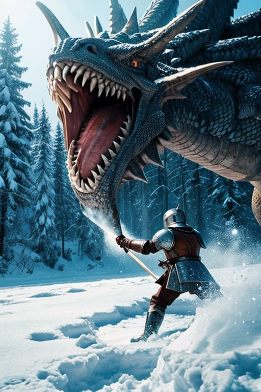 A young knight is fighting a giant snow-breathing dragon