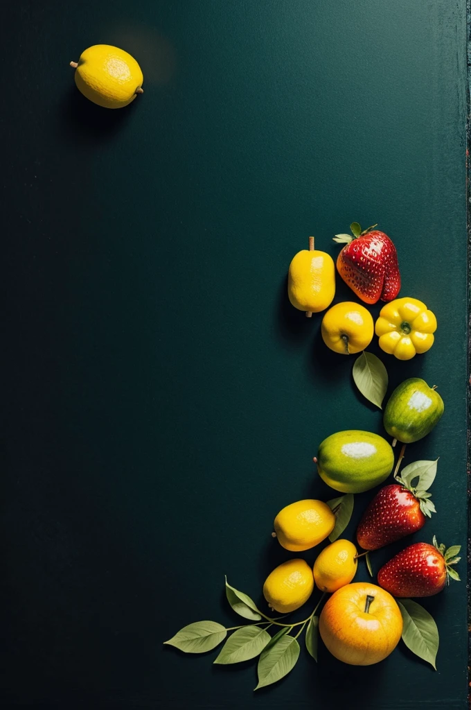 Black and green background with many fruits and a small blackboard