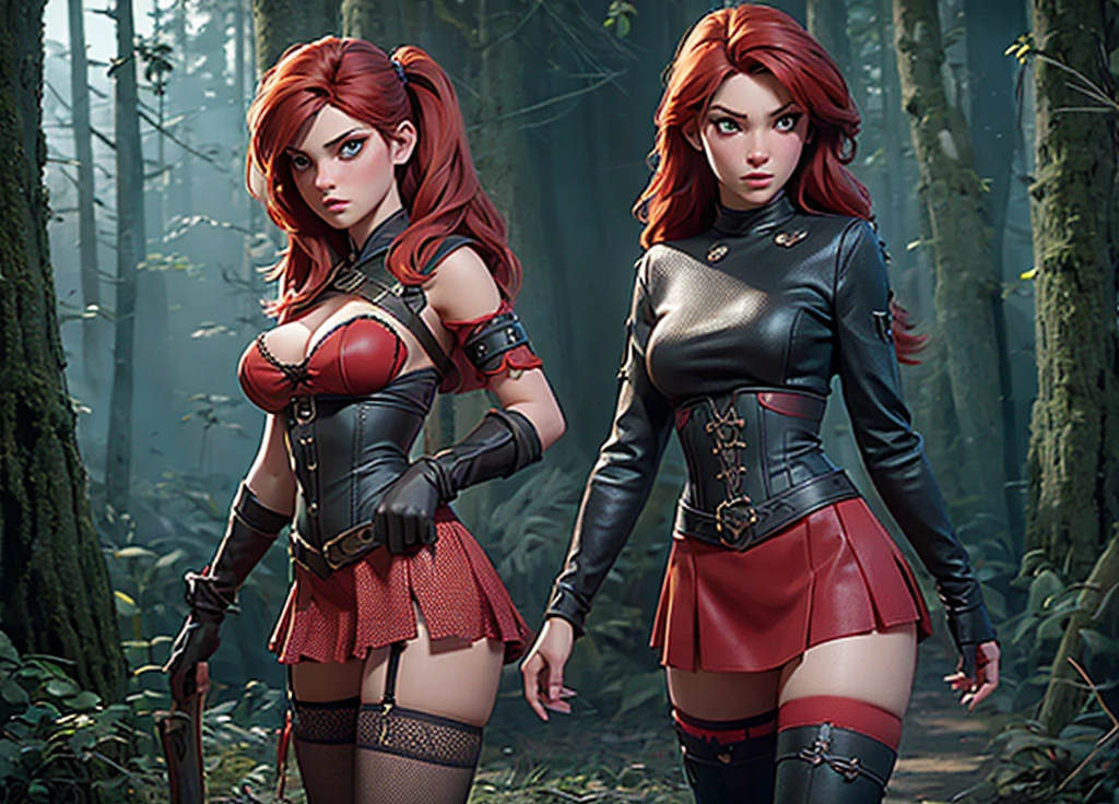 (damsel in distress)(multiple subjects, extreme complexity)(subject 1: a young woman ,belledel, torn red miniskirt, red fishnet top (damaged), red fishnet thigh high stockings (damaged), no underwear, no corset, no shirt, twin pigtails with red high lights) running terrified through a dark haunted forest, cinematic lighting, dramatic scene, detailed facial features, beautiful eyes, photorealistic, dark fantasy, (best quality,8k,highres,masterpiece:1.2),ultra-detailed,(realistic,photorealistic,photo-realistic:1.37),dramatic lighting,moody atmosphere,detailed textures,haunting,cinematic