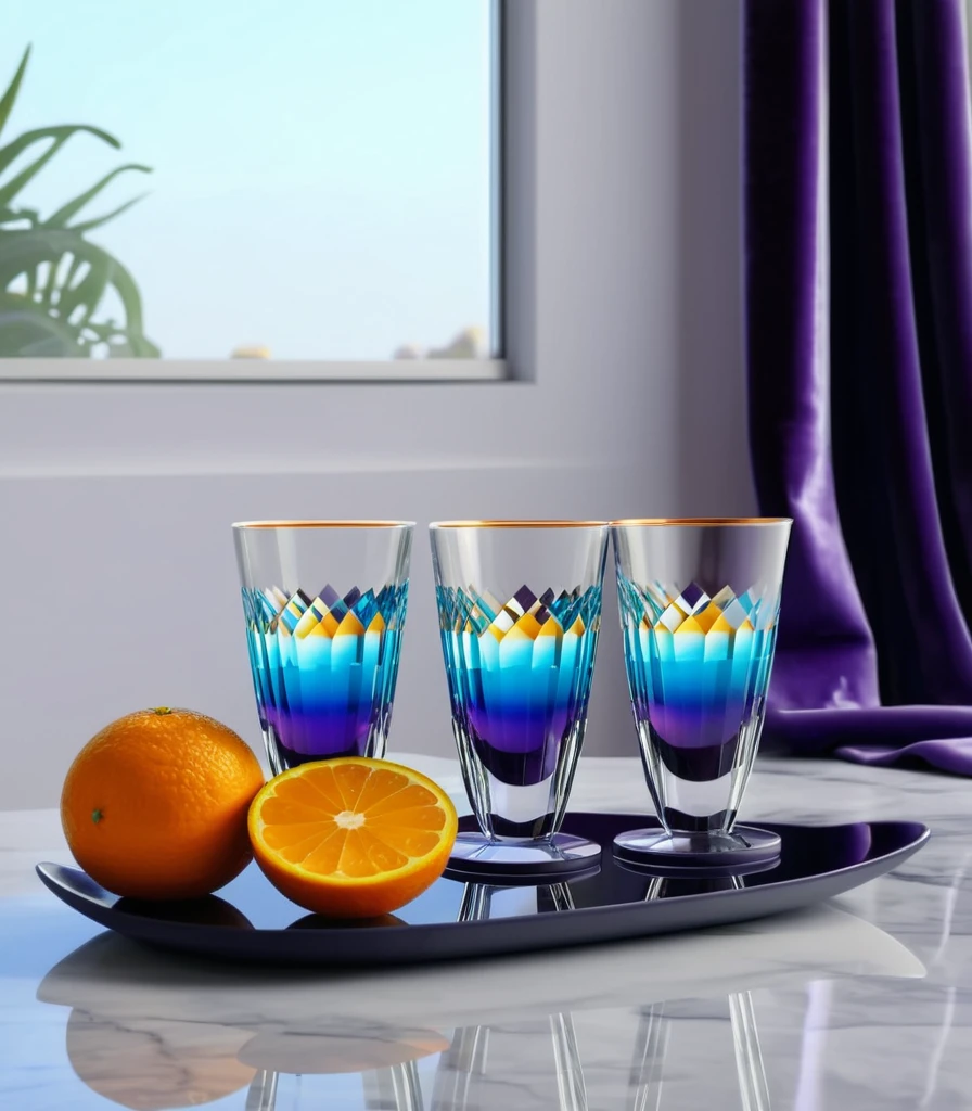 surreal glass shape, liquid glass, chromatic aberration, broken prism, refraction, light caustics, detailed illustration , oranges on a white marble table, deep purple velvet drapes, 8k, photography style,2 glasses with orange bioluminescent fluid in them, on a white marble table, bioluminescent, colorfull, glow,