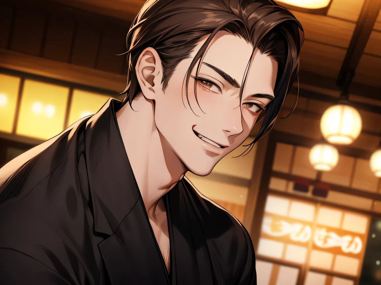 hair slicked back,masterpiece,Dynamic Angle,Face close-up,Angle from below,male, (29-year-old),(male1 person)、Izakaya shop owner,alone,Adult,A gentle smile,Excited,Brown Hair,(Droopy eyes),Lewd Eyes,Black suit,(kimono),,smile,Izakaya,night