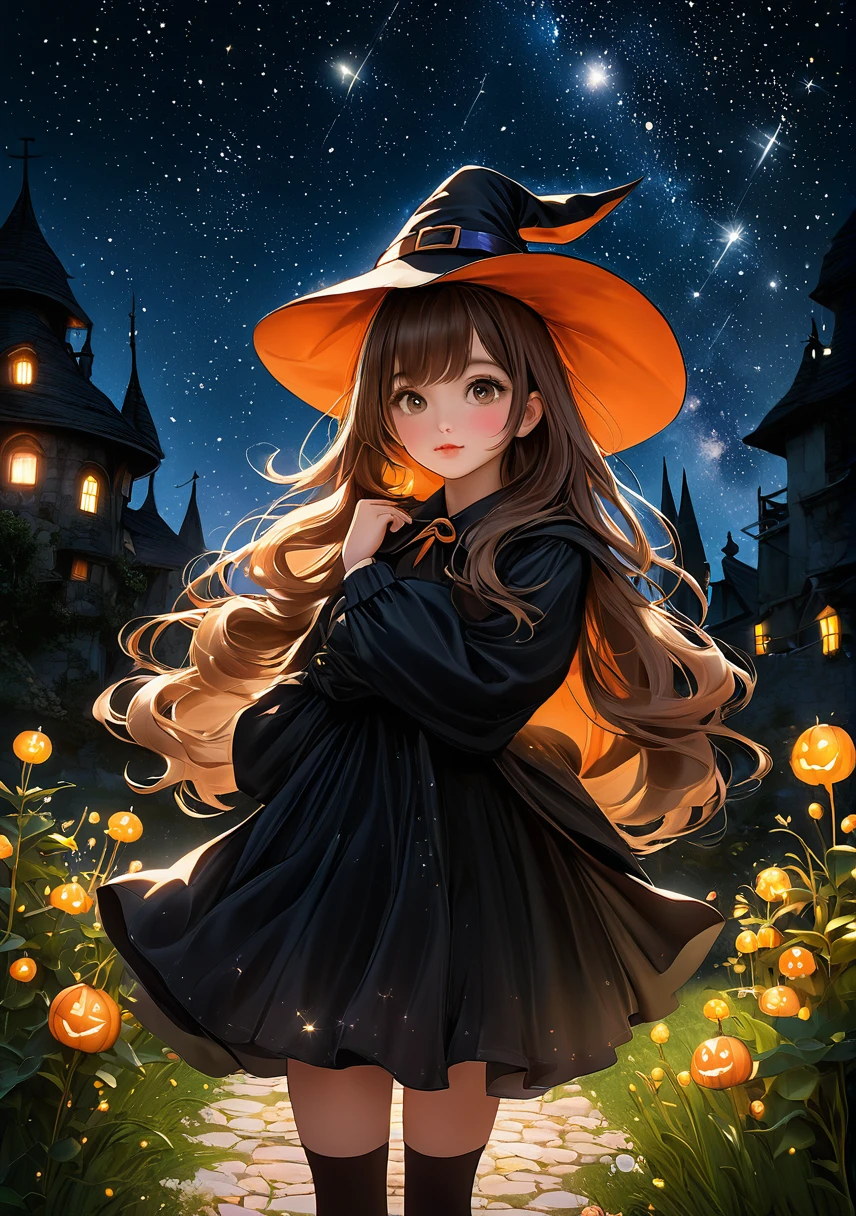 (masterpiece, Highest quality, Highest quality, Official Art, beautifully、beautiful:1.2), (1 Beautiful Girl), A girl dressed as a witch、Big Eyes、(A very cute witch, about 14 years old:1.3)、light brown hair with bangs,、Shining constellations, Late night with starry skies、The garden of a dilapidated Western castle、、Background with spatial details、Photorealistic、Cinematic lighting