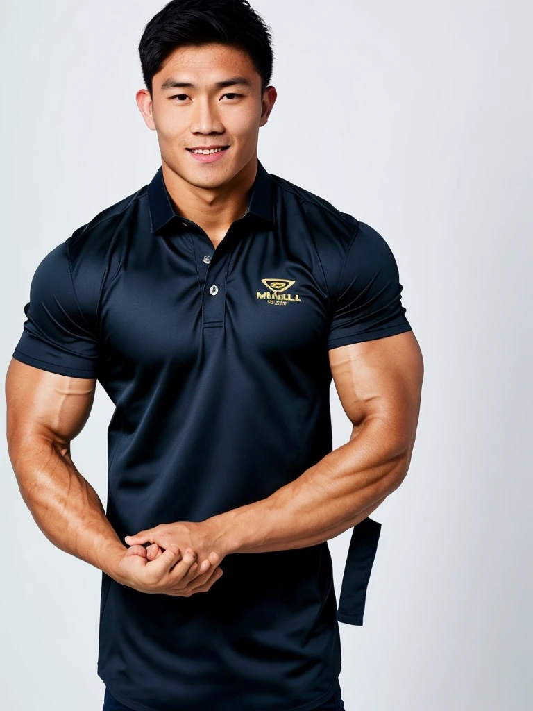 Picture of a handsome Asian rugby player with short hair, no beard, muscular body, big muscles, wearing a navy blue and black shirt, indoors.