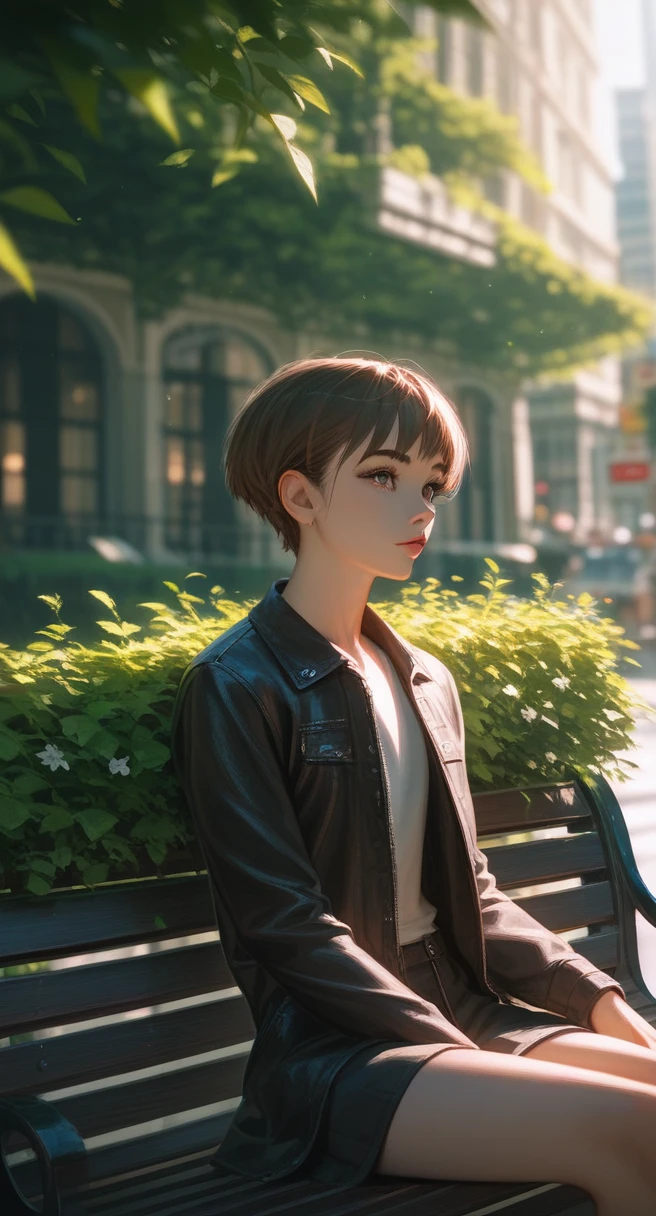 a man with brown hair, wearing black clothes, in a city park under cinematic sunlight, detailed portrait, extremely detailed face, beautiful detailed eyes, beautiful detailed lips, highly detailed, 4k, masterpiece, lighting, dramatic shadows, vibrant colors, urban environment, lush greenery, pathways, benches, realistic textures, intricate details, digital art, artistic, anime, manga