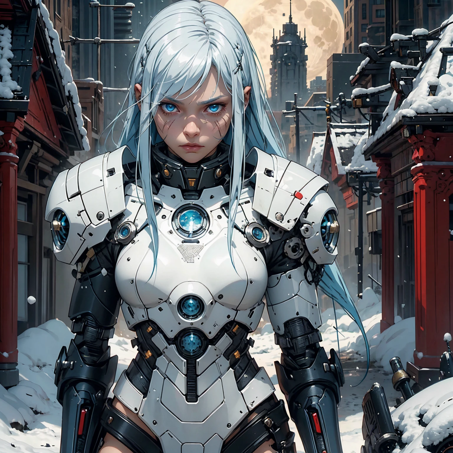 1girl!!!, very long bob hair with bangs, light blue hair, very small breasts, small size, blue eyes, fair skin, lots of scars on body, no scars on face, serious face, Small battle armor, full body, night, moon, snowy ruin, very sexy body, detailed face, highly detailed, 8k, best quality, masterpiece, vibrant colors, digital art, concept art