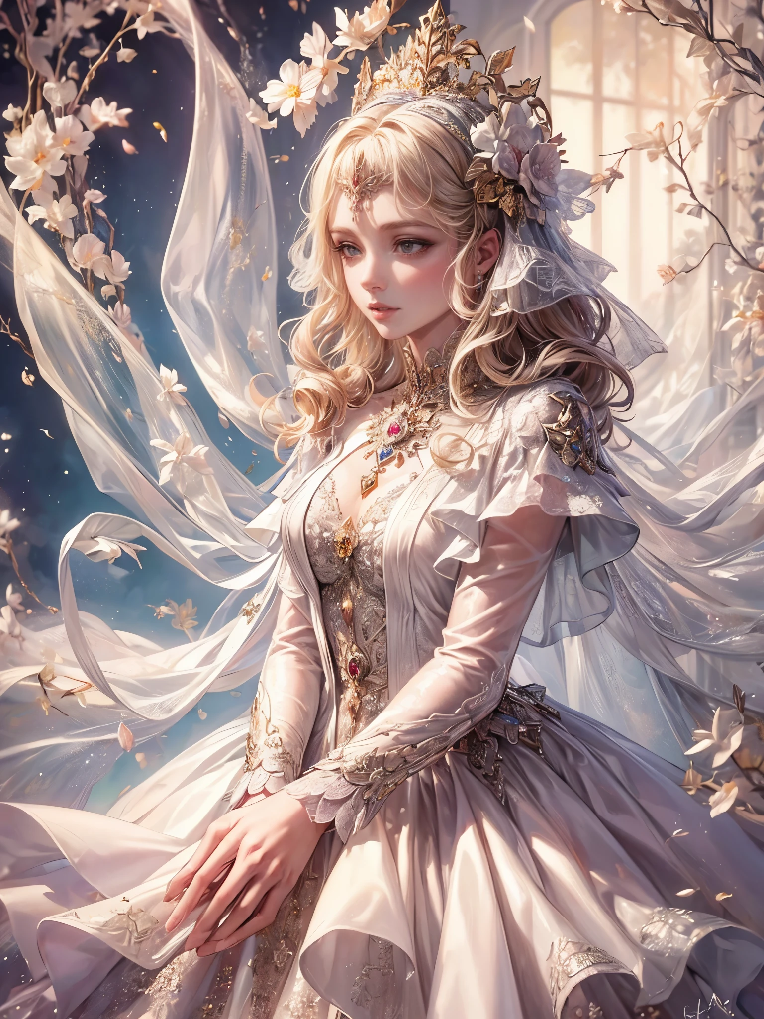 (highest quality:1.4),(masterpiece:1.4),super detailed,8K,cg,exquisite,Upper body,Lonely,thumb girl,Little Princess,flowing coat dress,garden background,detailed facial features,long curly hair,Almond Eyes,Delicate eye makeup,long fluttering eyelashes,Sparkling starry eyes,and a starry gaze, intricate lip details,soft and harmonious style.