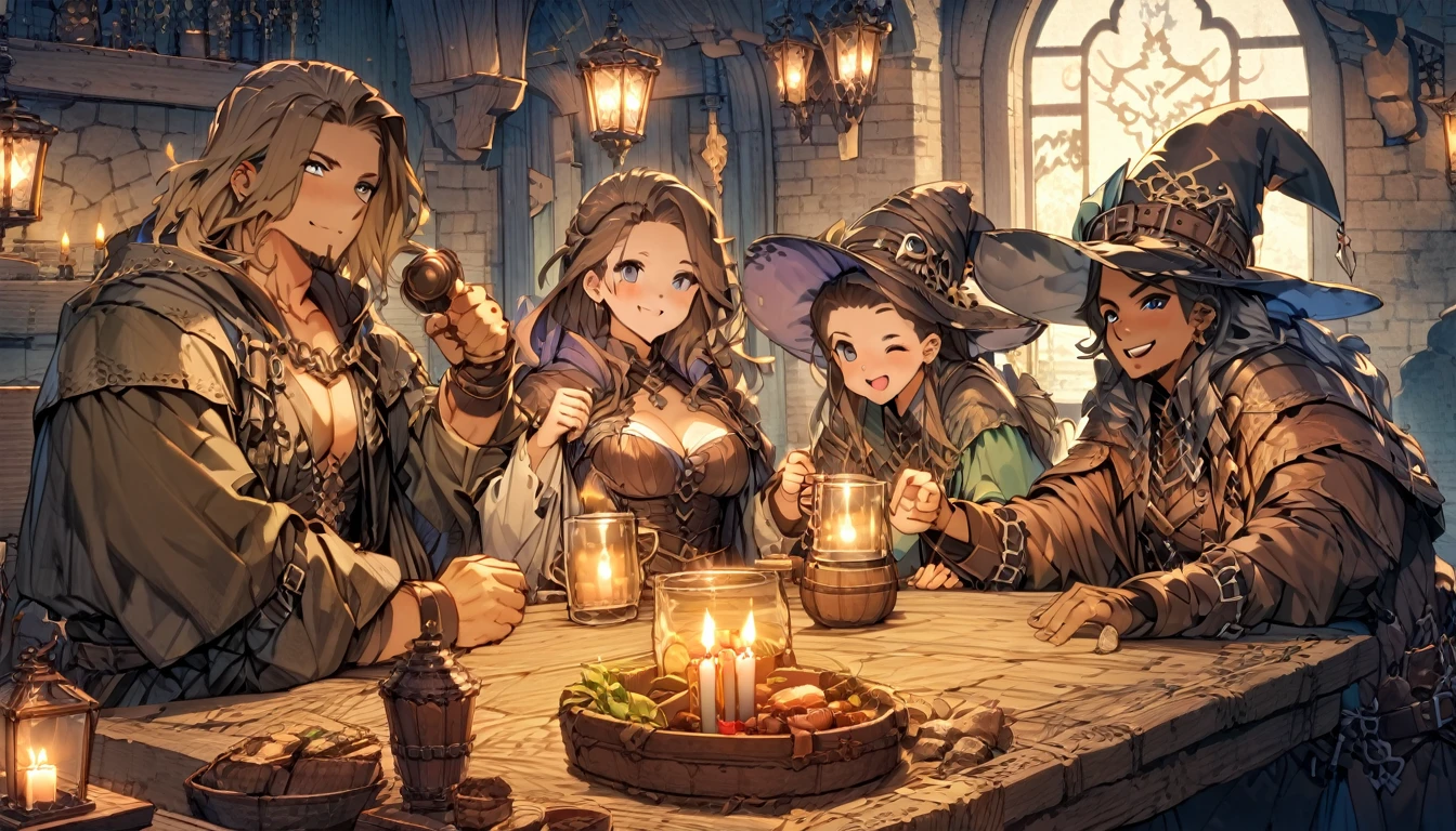 8K, high quality, The theme is medieval RPG. 設定は古い木造で中世のタベナをイメージしたMagical RPGで、Very detailed, The furniture is antique, The walls are made of wood、There are candles to light up the view、There are also some windows, The floor is wooden., there are maley people (maleと女, wearing Wizard clothes thieves magic bards dancers pirates monks, Magical RPG) drinking beer and laughing and partying together with a male (Scene highlights, male, Wizard, 31 years old, Muscular, no hair, long, pointed Wizard's hat , wearing magical role-playing Wizard clothes, long黒ひげ, Freckled white skin, Handsome smiling face, In his left hand he holds a 3 liter beer mug). The atmosphere is festive, fun and magical.