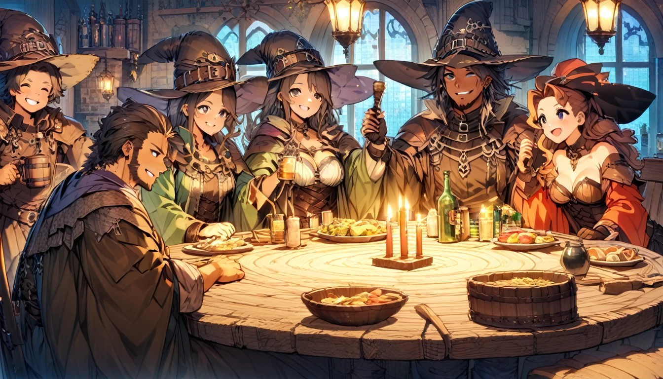 8K, high quality, The theme is medieval RPG. 設定は古い木造で中世のタベナをイメージしたMagical RPGで、Very detailed, The furniture is antique, The walls are made of wood、There are candles to light up the view、There are also some windows, The floor is wooden., there are maley people (maleと女, wearing Wizard clothes thieves magic bards dancers pirates monks, Magical RPG) drinking beer and laughing and partying together with a male (Scene highlights, male, Wizard, 31 years old, Muscular, no hair, long, pointed Wizard's hat , wearing magical role-playing Wizard clothes, long黒ひげ, Freckled white skin, Handsome smiling face, In his left hand he holds a 3 liter beer mug).  The atmosphere is festive, fun and magical.