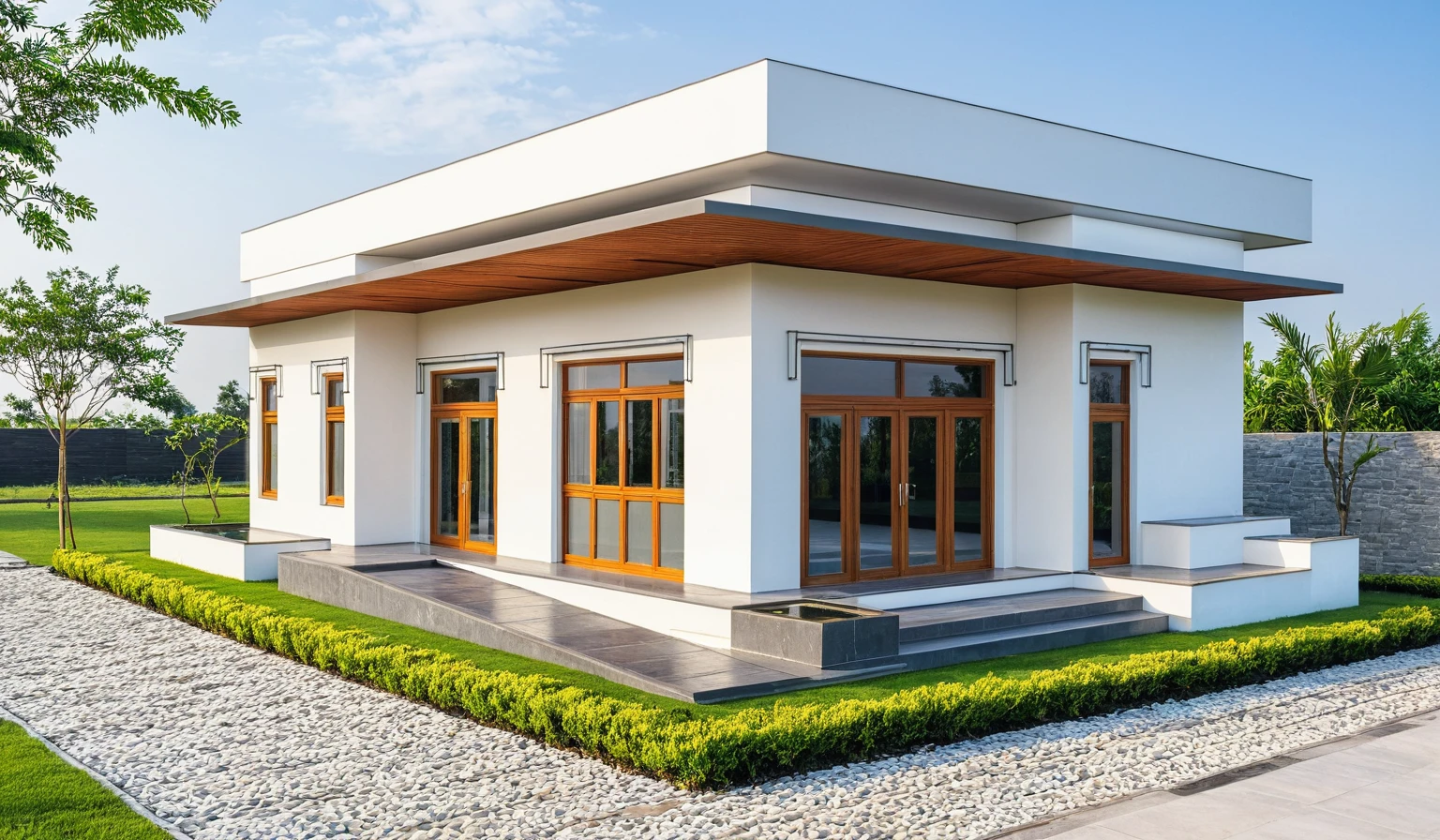 masterpiece, best quality, exterior design, single 1 storie modern house on the Vietnam village, flower garden, modern dark tiled granite and white walls facade, wooden ceiling, large glass, minimalist modern style, green shrubs and tropical tree background, natural light, clear sky morning background, large door and windows,
