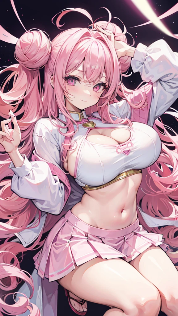 one woman, pink hair, gyaru, canine, aquamarine eyes, Double bun , navel, manicure, curly long hair, neat white uniform, piercer, mischievous laughter, cleavage, cute, short pink skirt, very large breasts, Long, thin, slit eyes, Stretch your mouth and laugh