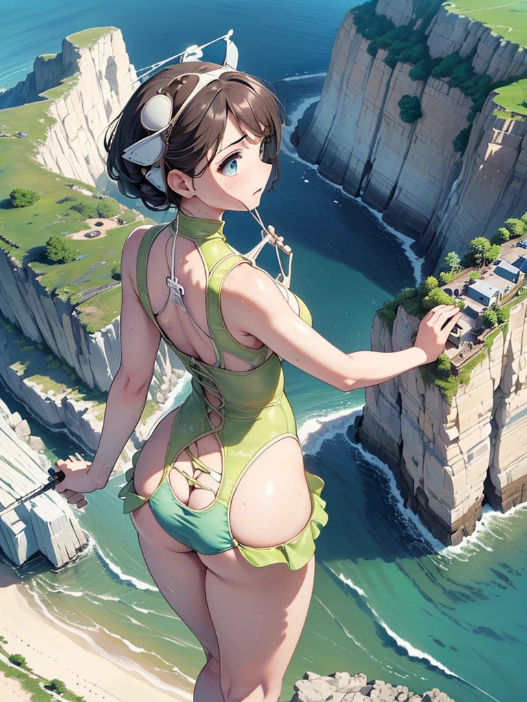 Highest quality, masterpiece, Ultra-high resolution, (Realistic:1.4), RAW Photos, Intricate details, Big beautiful eyes, Perfect contours, masterpiece, One Girl, ((Junior high school student)), Braided Bob, (aerial view:2), (perky breasts:1.5, high breasts:1.5), (curvy waist:1.5), Competitive swimmer, (one piece:1.5, turtleneck,Sleeveless swimsuit, Sandals), Clear metallic green swimsuit:1.5, tight high leg swimsuit:1.4, ((shoot from behind:2, looking away:2)), Portraiture, ((Standing on the edge of a cliff:1.5, Hesitant to jump:1.5, Incredibly high sheer cliffs:1.5, Stand at the highest point overlooking the surrounding area, peer down the cliff:1.5)), (Anxious expression、His mouth is twitching with fear), Wet Skin, (Underarm)