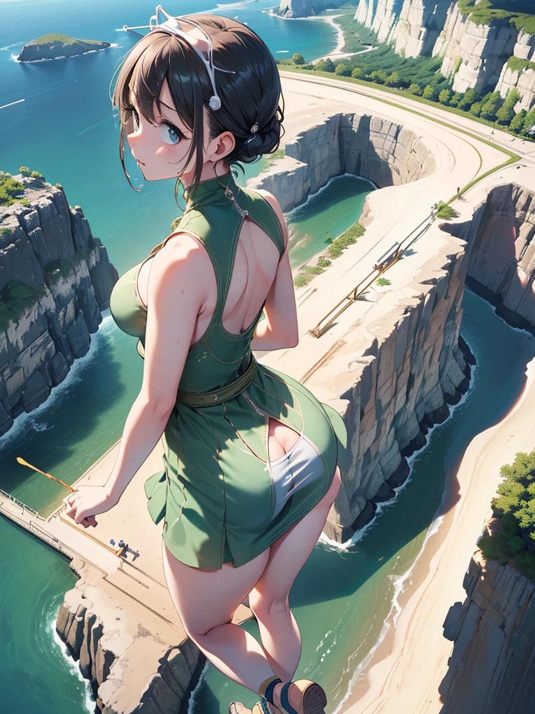 Highest quality, masterpiece, Ultra-high resolution, (Realistic:1.4), RAW Photos, Intricate details, Big beautiful eyes, Perfect contours, masterpiece, One Girl, ((Junior high school student)), Braided Bob, (aerial view:2), (perky breasts:1.5, high breasts:1.5), (curvy waist:1.5), Competitive swimmer, (one piece:1.5, turtleneck,Sleeveless swimsuit, Sandals), Clear metallic green swimsuit:1.5, tight high leg swimsuit:1.4, ((shoot from behind:2, looking away:2)), Portraiture, ((Standing on the edge of a cliff:1.5, Hesitant to jump:1.5, Incredibly high sheer cliffs:1.5, Stand at the highest point overlooking the surrounding area, peer down the cliff:1.5)), (Anxious expression、His mouth is twitching with fear), Wet Skin, (Underarm)