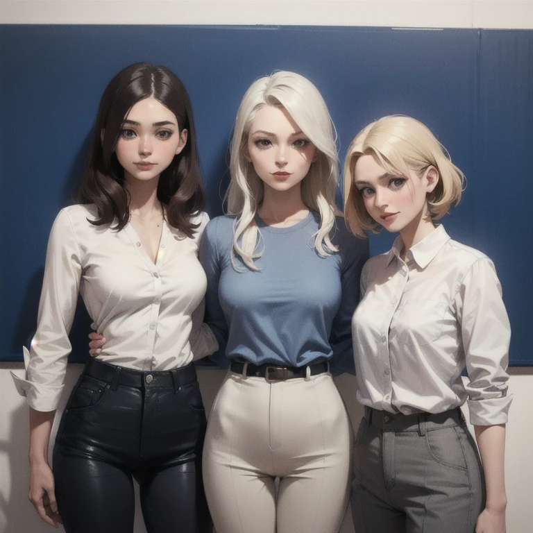 arafed woman in a white shirt and grey pants standing in front of a blue wall, kirsi salonen, magdalena andersson, wearing a blouse, magdalena radziej, wearing a white blouse, moleksandra shchaslyva, niele toroni, photo of džesika devic, serena malyon