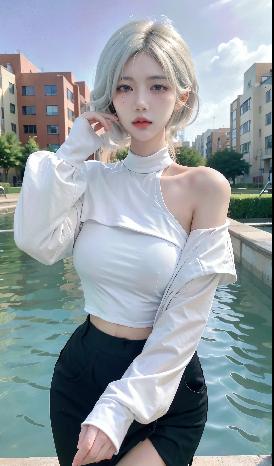 Beautiful woman with perfect figure:1.4,Ultra-high resolution,White legs,Put your hands behind your back,Swimming background,Big breasts:1.6,(Realism:1.4),perspective,Layered hairstyle,Snow white skin,JK:1.5,Super short pleated skirt,whole body:1.4,Very delicate and skin texture,Double eyelids,Skin Whitening,Long hair,White hair