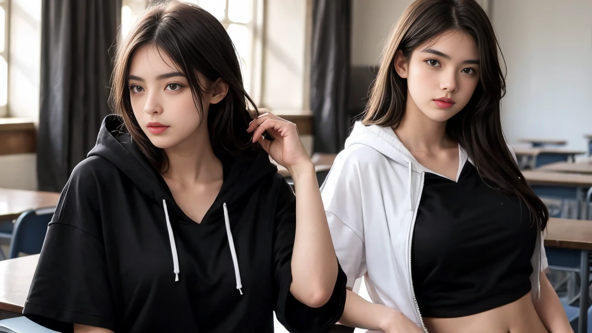 deux femmes ensemble de 18 ans sexy et mince , black short sleeve hoodie , salle de classe, se touche,position sey,sensuel