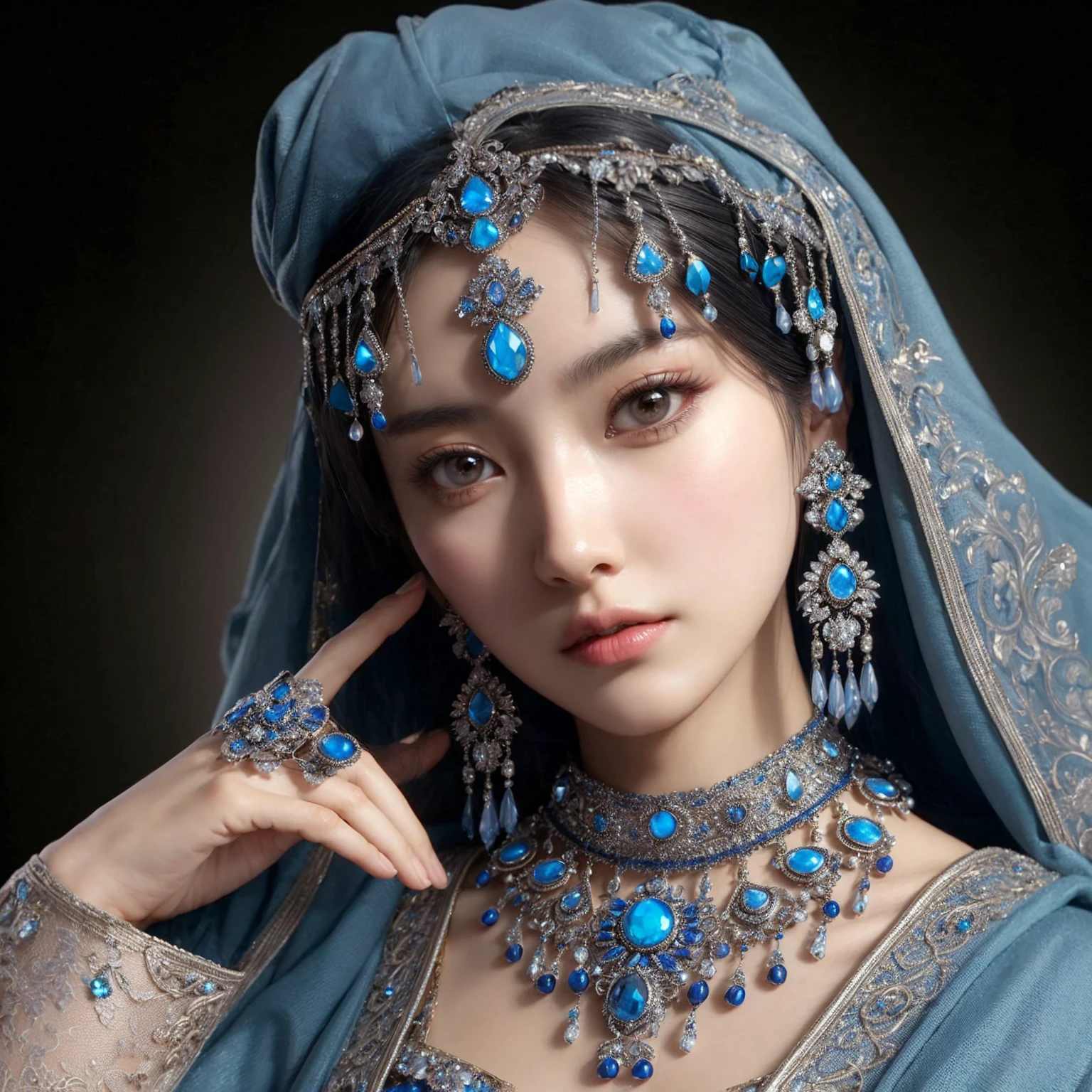 A beautiful korean woman wearing blue gemstones, baroque style jewellery design, ray traced image by Rembrandt, neoclassicism, cgsociety, photorealism, vray tracing, cinema4d, gray bold background