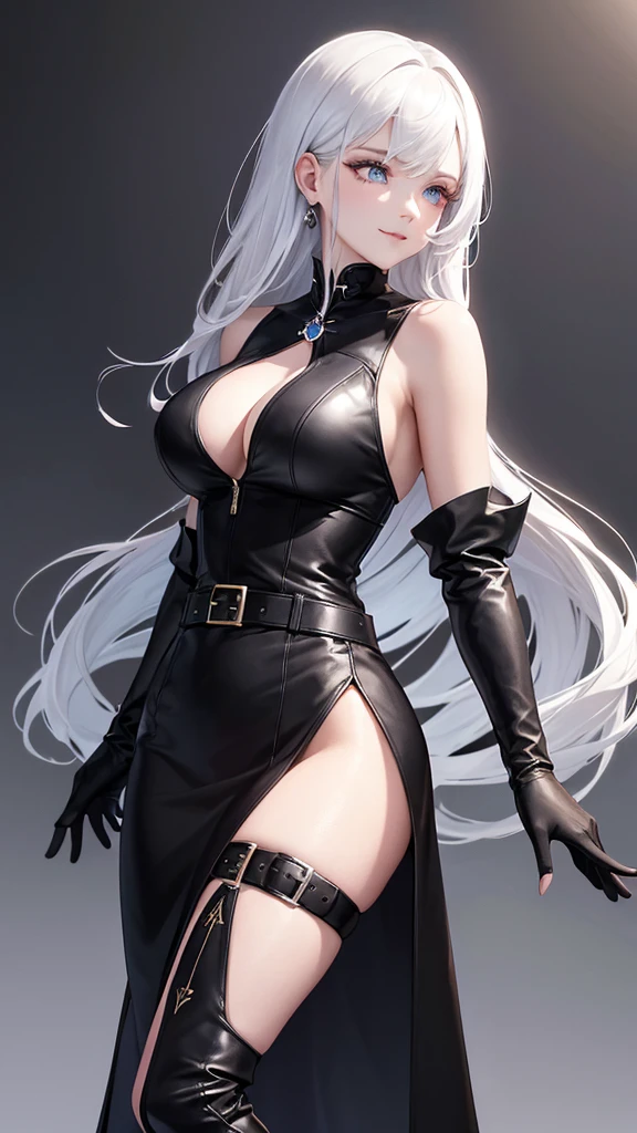 Royal sister,Wearing black stiletto-heeled over-the-knee boots:1.1,elegant movements,black leather belt,(black long gloves),(beautiful background:1.2),long white hair,profile,(Black short JK),leg rings,JK,blue pupils,belt buckle,contour,smiling expression,Black leg rings,sleeveless long shirt,take off shoulders,(Extremely detailed CG unified 8k wallpaper),(masterpiece), (best quality), (super detailed), (Best Illustration),(best shadow), ( eye shadow, exquisite eyes:1.1)