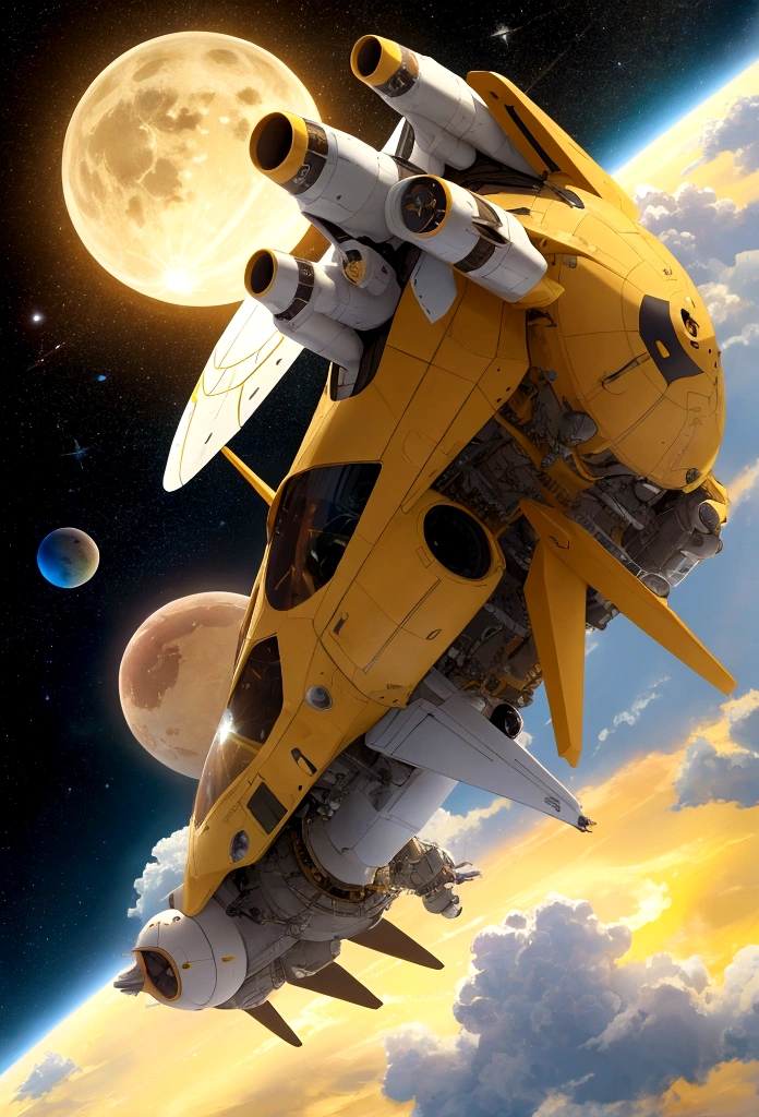 a spaceship fly on a yellow sky with cloud and a another earth  