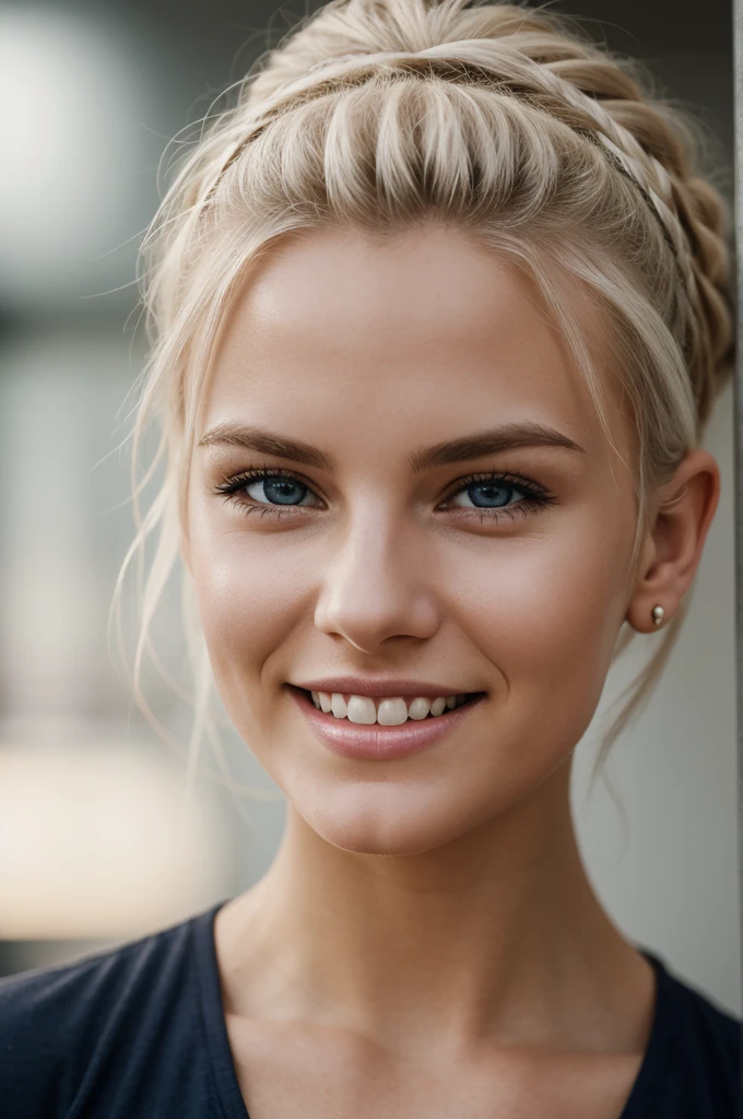 gorgeous, beautiful, 21 years old scandinavian, white hair in a bun, best portrait photo ever, men magazine portrait, beautiful smile, perfect teeth, seductive, flirty, face photo, american car show, racetrack, background, smiling, detailed skin, realistic, photo-realistic, 8k sharp focus, highly detailed, full length frame, High detail RAW color art, piercing, diffused soft lighting, shallow depth of field, sharp focus, hyperrealism, cinematic lighting