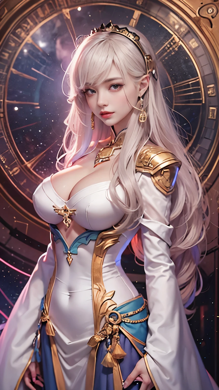 space war, 8K resolution, masterpiece, Highest quality, Award-winning works, unrealistic, Only sexy women, healthy shaped body, Age 25, White wavy long hair, hair band, huge firm bouncing busts, Space Commander's Armor, Complex Armor, royal coat of arms, elegant, Very detailed, Digital Painting, artステーション, コンセプトart, Smooth, Sharp focus, shape, artジャム、Greg Rutkowski、Alphonse Mucha、William Adolphe Bouguereau、art:Stephanie Law , Magnificent cosmic background, Royal Jewel, nature, Full Shot, Symmetric, Greg Rutkowski, Charlie Bowwater, beep, Unreal 5, Surreal, Dynamic Lighting, ファンタジーart, Complex colors, カラフルなmagic陣, magic, Small face, Very delicate facial expressions, Delicate eye depiction, Upper body close-up,, erotic, dynamic sexy poses, One sexy woman, Healthy body shape, 24-year-old woman, doaxvv_marie rose, witch, Height: 170cm, big firm bouncing busts, , blonde very long wavy hair, twin tail,, Glaring at the camera, Looking up, Invincible laughter, A complex, gothic-style long dress, , Green long skirt, garter belt, Brown Loafers, Standing Alone