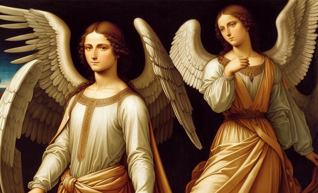 an archangel, with short hair, short hair, of the Christian religion, made in the style of leonardo da Vinci, in front position, looking towards the camera, on a white background, looking towards me spreading its 2 wings, erect and facing me, with garments similar to those of Jerusalem, and the angel looks in the art style of leonardo da vinci, the archangel is fully dressed, is safe for work, For all ages