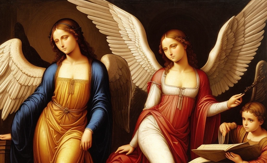 an archangel, with short hair, short hair, of the Christian religion, made in the style of leonardo da Vinci, in front position, looking towards the camera, on a white background, looking towards me spreading its 2 wings, erect and facing me, with garments similar to those of Jerusalem, and the angel looks in the art style of leonardo da vinci, the archangel is fully dressed, is safe for work, For all ages