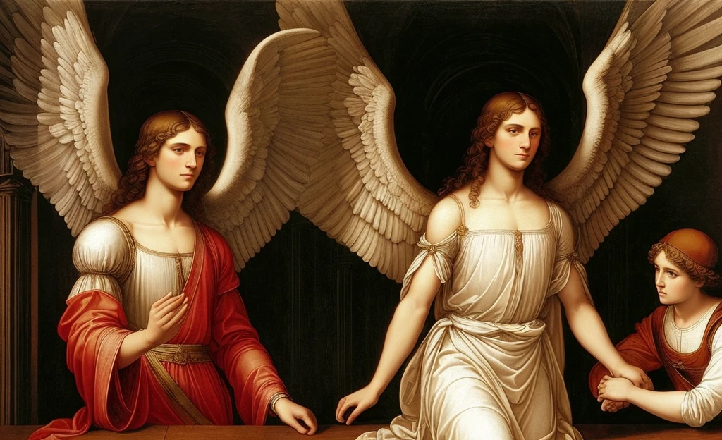 an archangel, with short hair, short hair, of the Christian religion, made in the style of leonardo da Vinci, in front position, looking towards the camera, on a white background, looking towards me spreading its 2 wings, erect and facing me, with garments similar to those of Jerusalem, and the angel looks in the art style of leonardo da vinci, the archangel is fully dressed, is safe for work, For all ages