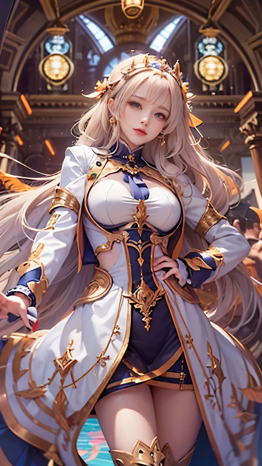 space war, 8K resolution, masterpiece, Highest quality, Award-winning works, unrealistic, Only sexy women, healthy shaped body, Age 25, White wavy long hair, hair band, huge firm bouncing busts, Space Commander&#39;s Armor, Complex Armor, royal coat of arms, elegant, Very detailed, Digital Painting, artステーション, コンセプトart, Smooth, Sharp focus, shape, artジャム、Greg Rutkowski、Alphonse Mucha、William Adolphe Bouguereau、art：Stephanie Law , Magnificent cosmic background, Royal Jewel, nature, Full Shot, Symmetric, Greg Rutkowski, Charlie Bowwater, beep, Unreal 5, Surreal, Dynamic Lighting, ファンタジーart, Complex colors, カラフルなmagic陣, magic, Small face, Very delicate facial expressions, Delicate eye depiction, Upper body close-up,, erotic, dynamic sexy poses, One sexy woman, Healthy body shape, 24-year-old woman, doaxvv_marie rose, witch, Height: 170cm, big firm bouncing busts, , blonde very long wavy hair, twin tail,, Glaring at the camera, Looking up, Invincible laughter, A complex, gothic-style long dress, , Green long skirt, garter belt, Brown Loafers, Standing Alone