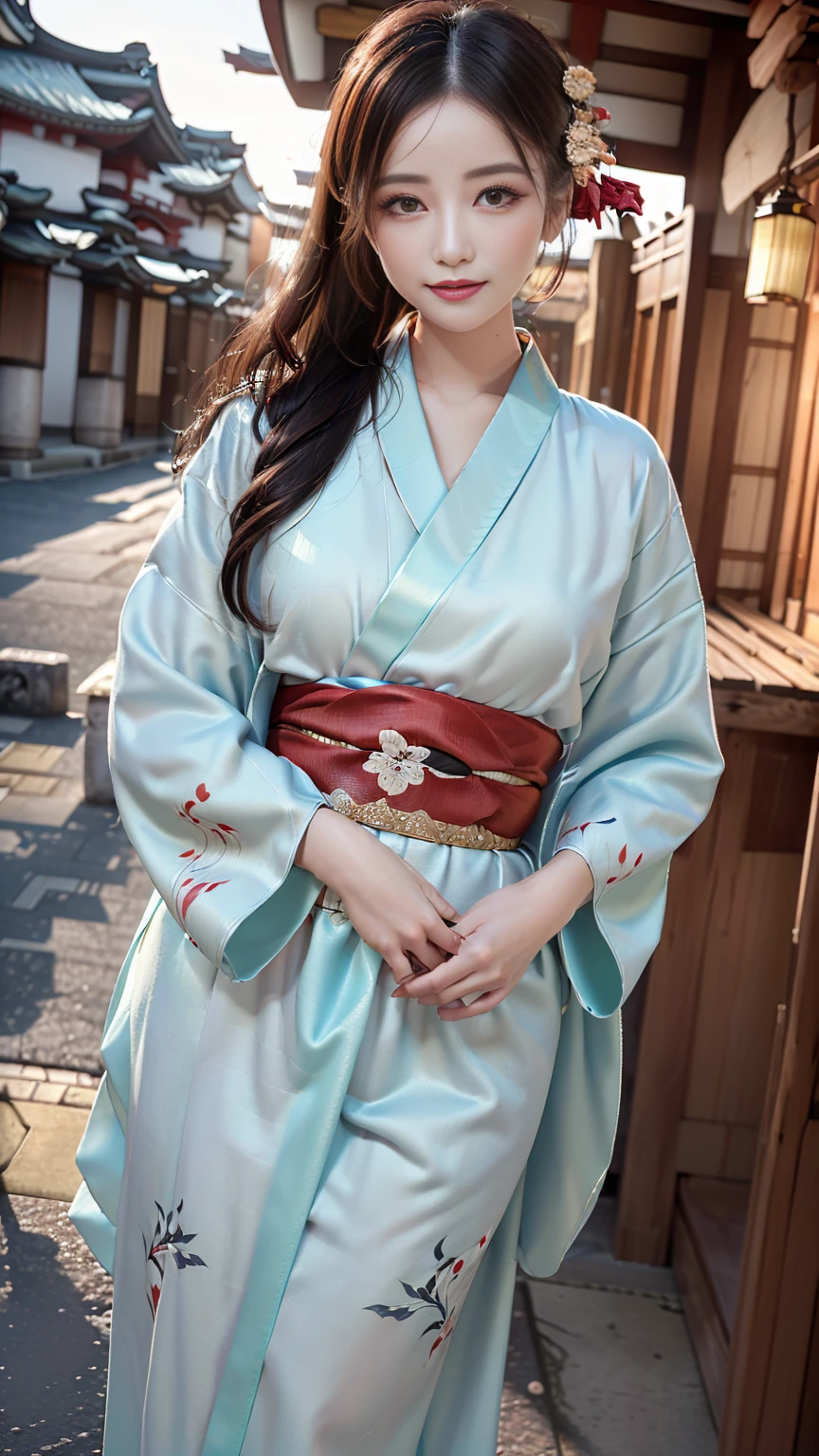 (((Regular dressing:1.5))),(Surreal), (High resolution), (8K), (Very detailed), (Best illustrations), (Beautifully detailed and sparkling eyes), (Highest quality), (Very detailedな), (masterpiece), (wallpaper), (Detailed face), (Beautiful smile)、(Beautiful expression)、One female、Looking into the camera、((Glamorous Body))、(((National treasure-class kimono,Thick kimono:1.5)))