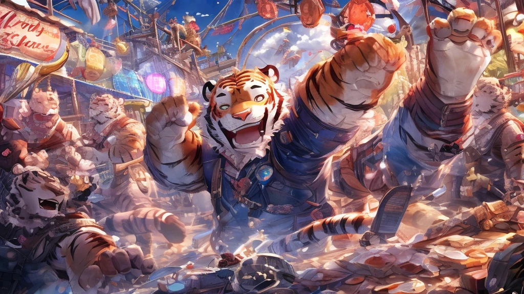 Tiger personification、A happy look、masterpiece、Highest quality、Detailed Background、amusement park