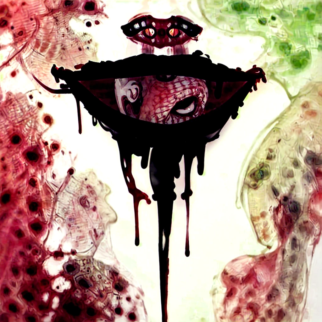 a close up of a drawing of a mouth with blood dripping down it, blood dripping from mouth, Red mouth, blood around the lips, Alex Pardee, saliva dripping, dripping blood, Michael Hussar, Bare drooling teeth, blood dripping, blood dripping down the head, bloody face, horror smile, about to consume you, evil smile, fangs and slime