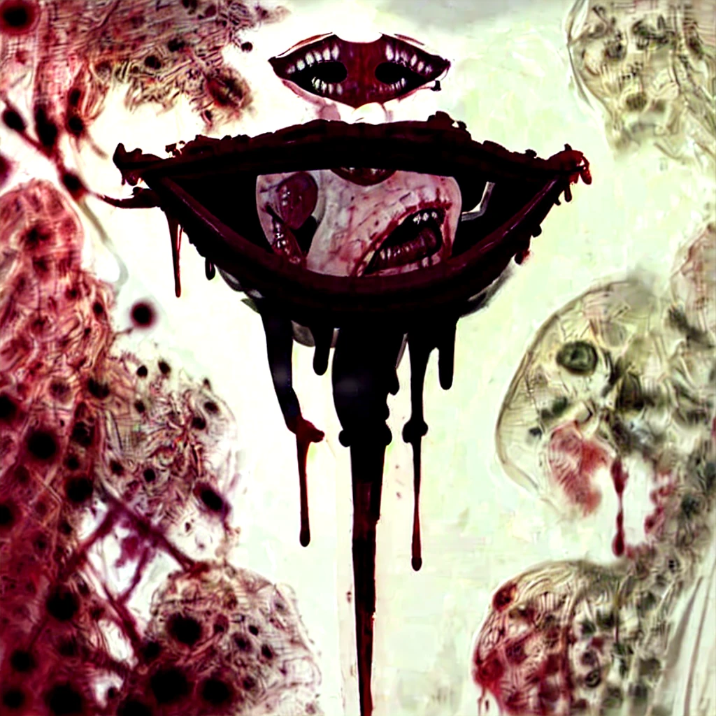 a close up of a drawing of a mouth with blood dripping down it, blood dripping from mouth, Red mouth, blood around the lips, Alex Pardee, saliva dripping, dripping blood, Michael Hussar, Bare drooling teeth, blood dripping, blood dripping down the head, bloody face, horror smile, about to consume you, evil smile, fangs and slime