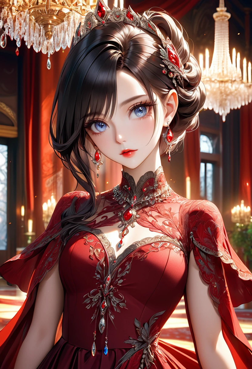 A noble half-elf girl, beautiful detailed eyes, beautiful detailed lips, extremely detailed face, long eyelashes, elegant red blood dress, luxurious jewelry, graceful posture, magical aura, ornate ballroom, crystal chandeliers (best quality,4k,8k,highres,masterpiece:1.2),ultra-detailed),digital painting, cinematic lighting, dramatic shadows, warm color palette