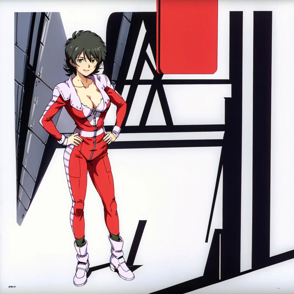 inah sakhalin (GUNDAM The 08th MS Team) LORA, masterpiece, best quality, a very beautiful sexy mature naked woman dressed in red and black racing rider suit standing next to the racing bike at the racing circuit, 1girl, breasts, nipples, cleavage, solo, boots, motor bike, zipper, smile, open clothes, hand on hip, leather body suit, zipper pulldown, breasts out, collarbone, circuit background,