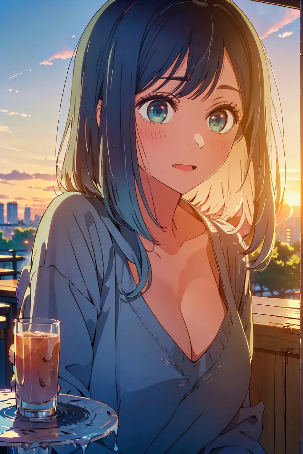 (Highest quality:1.4、masterpiece:1.4、Very detailed:1.4、8K:1.4)、F cup bust、Big Breasts、The body is slim、((((1 person、Surprised expression、sit、In the background you can see the urban buildings of Tokyo.、Looking into the camera、Outdoor cafe terrace、Sunset Beach、Navy hair color、Leaning against a wall、juice、table、sunset、Very cute face))))、((nude、??????、bikini size too small))、Big eyes、((((Shallow depth of field))))