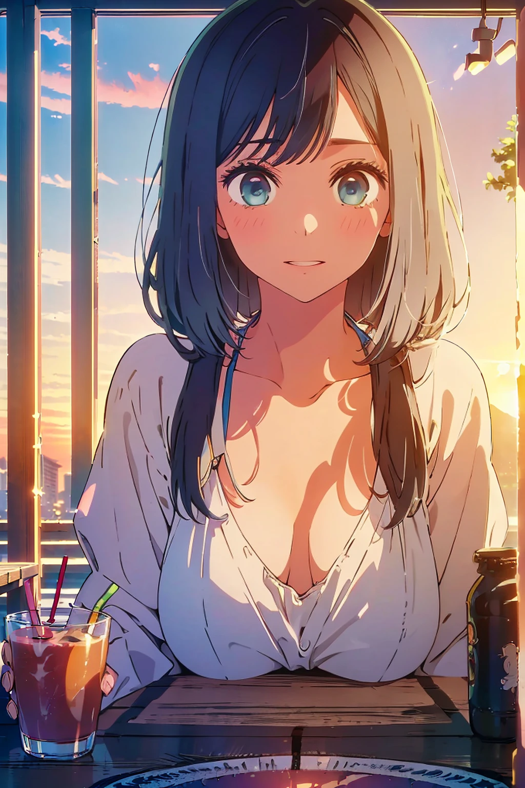 (Highest quality:1.4、masterpiece:1.4、Very detailed:1.4、8K:1.4)、F cup bust、Big Breasts、The body is slim、((((1 person、Surprised expression、sit、In the background you can see the urban buildings of Tokyo.、Looking into the camera、Outdoor cafe terrace、Sunset Beach、Navy hair color、Leaning against a wall、juice、table、sunset、Very cute face))))、((nude、Areola、bikini size too small))、Big eyes、((((Shallow depth of field))))