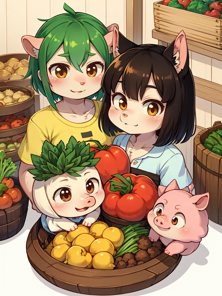Pig Gorilla, Greengrocer, Kaoru Kumada , Welcome! , pop design , bold line , Fujiko Fujio style , troublemaker , Loved vegetables, and loved by vegetables