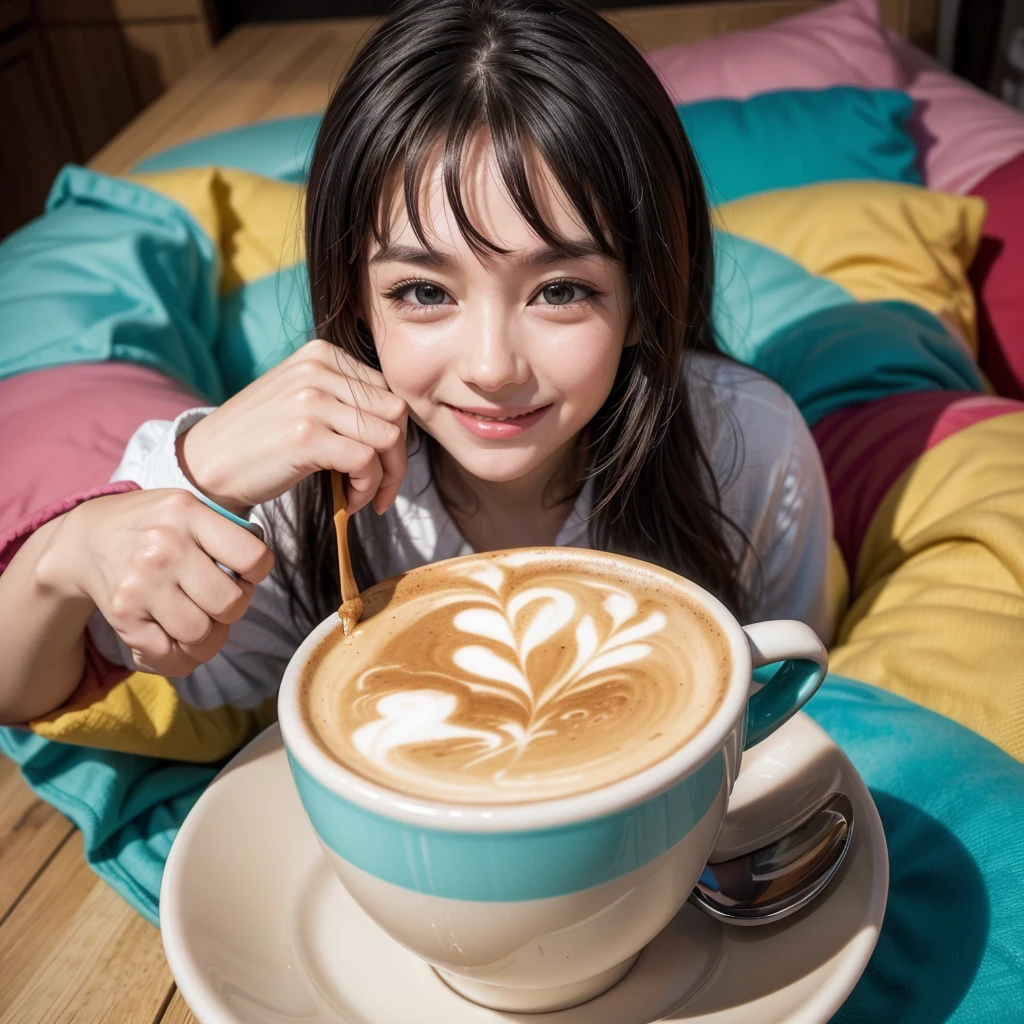 I want a good morning image that is very happy and upbeat, very colorful and with a cup of coffee, just one cup and without any person in the image