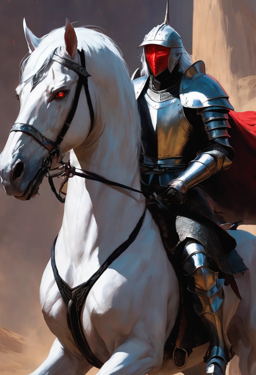 young man with long hair,white hair,red eyes,(oval face) Cold person (Triangular shaped head)Wearing full knight armor, not wearing a helmet, riding a black dragon.