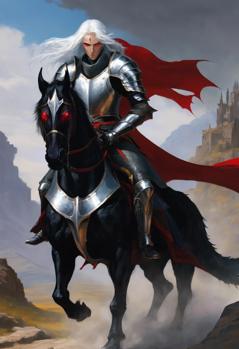 young man with long hair,white hair,red eyes,(oval face) Cold person (Triangular shaped head)Wearing full knight armor, not wearing a helmet, riding a black dragon.
