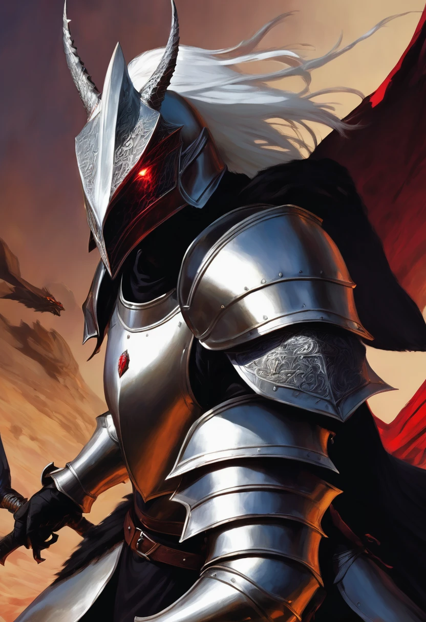 young man with long hair,white hair,red eyes,(oval face) Cold person (Triangular shaped head)Wearing full knight armor, not wearing a helmet, riding a black dragon.
