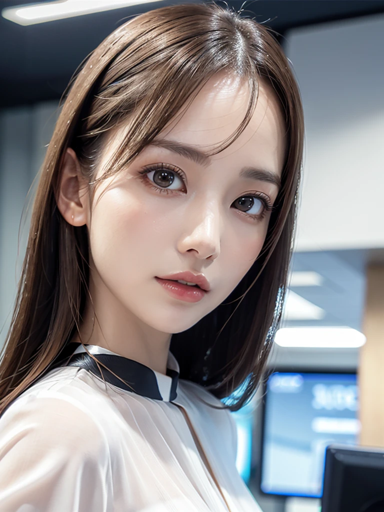 elegant office lady, beautiful detailed eyes, beautiful detailed lips, extremely detailed eyes and face, long eyelashes, slender body, thin face, delicate features, flawless porcelain skin, glistening sweat, ultra-thin hands, ultra-fine fingers, best ratio four finger and one thumb, realistic, see-through white blouse, office setting, one-person viewpoint, Fuji Film, F/1.2, 8K, masterpiece, nffsw, super detail, high quality, best quality, high resolution, looking up at the camera