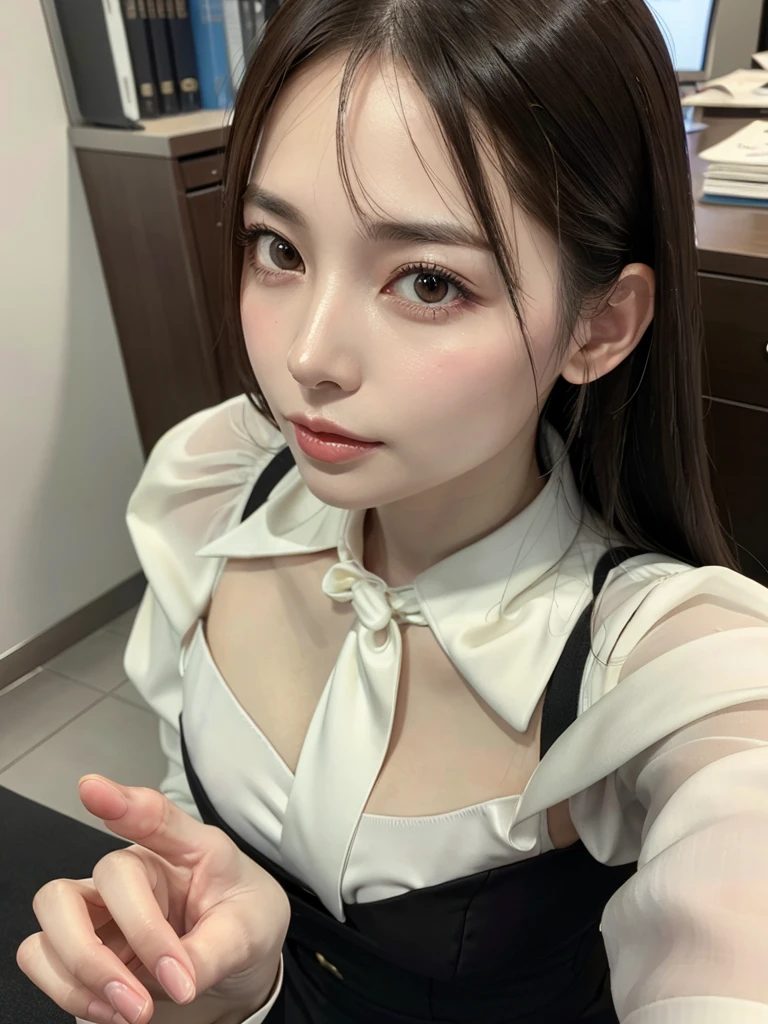 elegant office lady, beautiful detailed eyes, beautiful detailed lips, extremely detailed eyes and face, long eyelashes, slender body, thin face, delicate features, flawless porcelain skin, glistening sweat, ultra-thin hands, ultra-fine fingers, best ratio four finger and one thumb, realistic, see-through white blouse, office setting, one-person viewpoint, Fuji Film, F/1.2, 8K, masterpiece, nffsw, super detail, high quality, best quality, high resolution, looking up at the camera